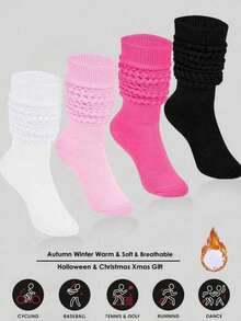 4 Pairs Women Loose Socks, Soft Knit Ankle Socks, Solid Color Compression Socks, Bubble Socks, Mid-Calf Socks, Warm & Breathable Socks For Autumn/Winter, Halloween & Christmas Gift - Multicolor - View 2