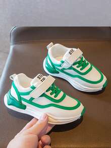 1 Pair Kids' Green & White Contrast Color Print Decor Breathable Mesh Fabric Sneakers, Round Toe Low-Top + Lace-Up Thick Wavy Sole Casual Sports Shoes For Daily, School, Outdoor Play - Green - View 3