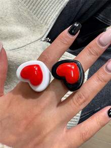 2pcs/Set Cute Black, White & Red Heart Resin Rings, Minimalist Sweet Romantic Ring Set, Suitable For Daily & Holiday Wear - Multicolor - View 7