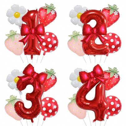 6个32英寸红色0-9数字、草莓、蝴蝶结铝箔气球套装，草莓主题生日、周年纪念、婚礼派对装饰铝箔气球