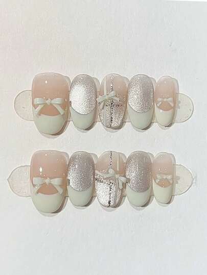 10pcs Pure Handmade Press On Nails Short Nails Oval Nails White Nails Gentle Ballet Girl Style Nude With Milky White French Silver Glitter 3d Bows Embellishment Soft Cute Press-On Nails For Women And Girl,Spring Summer Fall Winter Festivals Party And Dailys Life Use