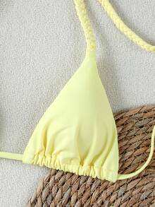 2026春夏女式奶油黄编织肩带比基尼，甜美性感三角两件式泳衣，适合海滩度假、优雅装扮、休闲服饰、多功能运动服 - 黃色 - 查看 4