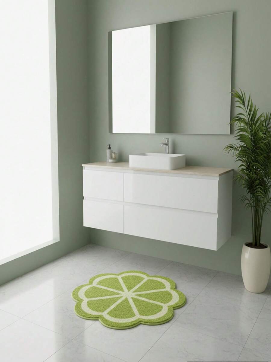 1 Piece Of Lime Flower Shaped Imitation Cashmere Bathroom Carpet Absorbent Floor Mat, Machine Washable Cream Wind Bathroom Decoration Mat, Bathroom Shower Room Door Mat Suitable For Bathroom Foyer, Living Room. - A - View 1
