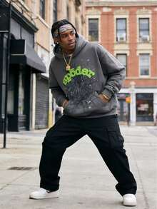 Y2K Men's Hooded Sweatshirt, Spider Web Pattern, Letter Print, Colorful Stars, Street Punk Style, Casual Fitted, Fall & Winter, Graphic Hoodie,There Are Combination Sets, Single Piece Hoodies, Single Piece Sweatpants, And Multiple Choices Couple Outfits - 灰衛衣 - 查看 2