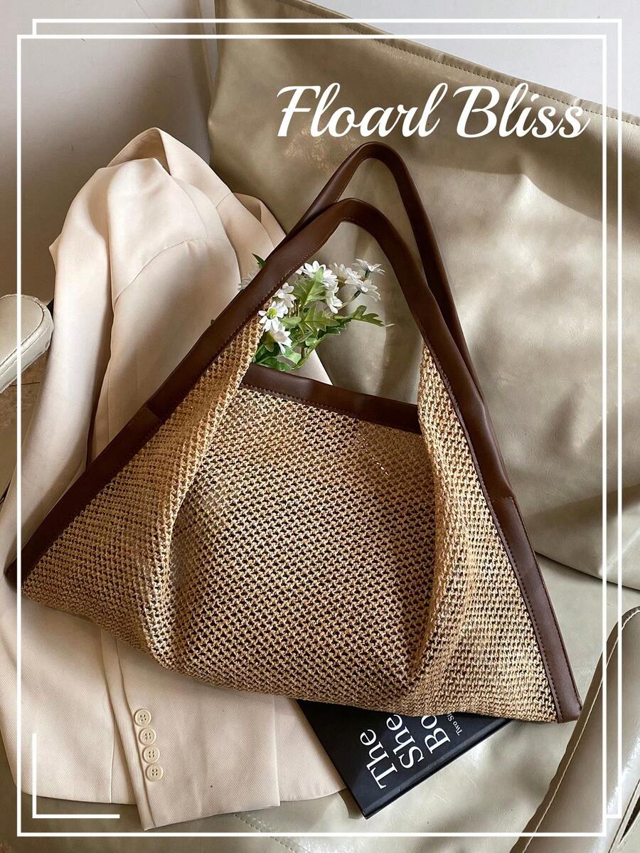 Large Capacity Straw Tote Bag For Women, Casual Commuter Shoulder Bag, Vacation Style Woven Handbag - Brown - View 1