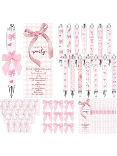 18pcs/Set Pink Cute Bow Ballpoint Pen, Bow Bookmark Card, Bow Decor, Adorable Stationery, Suitable For Baby Shower, Girl's Birthday, Best Friends, Daughter, Students, Classmates And Friends