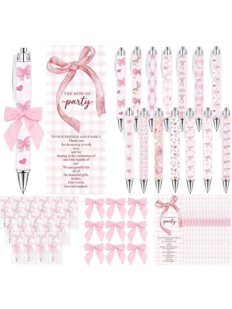 18pcs/Set Pink Cute Bow Ballpoint Pen, Bow Bookmark Card, Bow Decor, Adorable Stationery, Suitable For Baby Shower, Girl's Birthday, Best Friends, Daughter, Students, Classmates And Friends - Multicolor - View 1