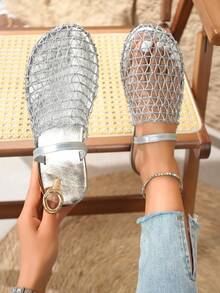 时尚宽网眼镂空罗马凉鞋，女士平底圆头新款渔夫拖鞋，夏季必备 - 銀色 - 查看 2
