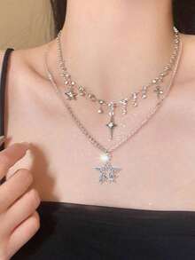 2pcs Rhinestone Star & Cross Tassel Pendant Necklaces, Bling Zirconia Gothic Delicate Y2K Layered Choker Necklaces For Women - 銀色 - 查看 2