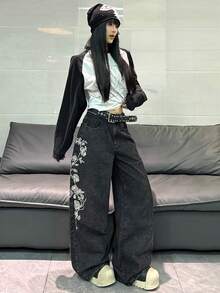 1件韓系街頭風女款刺繡寬腿牛仔長褲，寬鬆四季皆宜休閒黑色（本商品不含腰帶/配件） - 黑色 - 查看 10