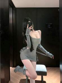 袖子 2+ 连衣裙 1+ 袜子 2，COS 热辣女孩针织连衣裙灰色修身镂空二维暗风性感 COS 套装 - 灰色 - 查看 7
