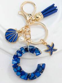 1 pieza Llavero de resina con tema náutico de estilo bohemio con 26 letras - Colgante de letra azul y dorado con decoración de estrella de mar/concha/borla, accesorio de moda para llavero y bolso de pareja/mochila/bolsa de playa, adecuado para regalos de San Valentín/cumpleaños/fiesta - azul real - Ver 36
