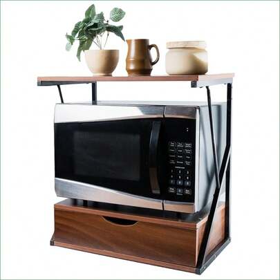 Angora Microwave Shelf With Drawer – Compact 2 Tier Microwave Stand For Small Kitchens & Apartments – Wood & Metal Countertop Organizer (21.25" Wide)
