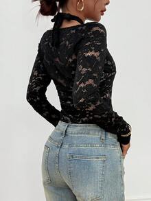 Áo croptop ren đen gợi cảm dành cho nữ - Tay dài, cổ yếm, dây chéo, chất liệu chiffon mỏng nhẹ, thích hợp cho tiệc tùng, câu lạc bộ mùa xuân. - màu đen - Xem 4