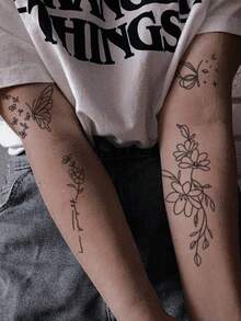 1 pieza Tatuaje temporal de hierbas que dura de 7 a 14 días, pegatina de tatuaje temporal con diseño minimalista de mariposa y patrón floral abstracto misterioso para la cintura, pegatina de tatuaje temporal a prueba de agua y de moda adecuada para personas - Negro - Ver 4