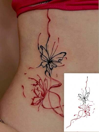 1张持久7-14天的草本临时纹身贴纸，简约腰部抽象神秘红色墨水蝴蝶花朵侧边纹身贴纸，防水时尚临时纹身贴纸，适合人群