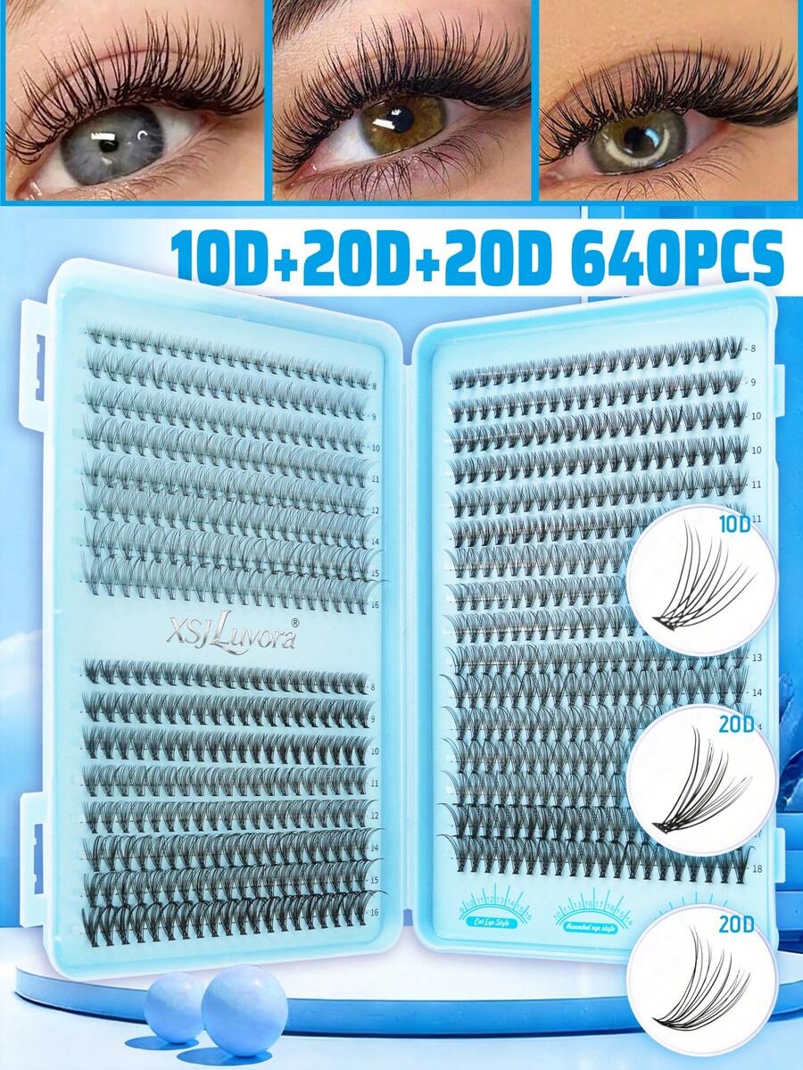 640/608 片 D 卷度自然假睫毛，10D+20D+30D/30D+40D+5D 混合装，浓密黑色，适合新手，大容量睫毛册，经典漫画风格人造假睫毛，持久耐用，适合日常、派对、婚礼、圣诞节、音乐节等各种场合的眼妆，单根睫毛，假睫毛