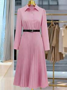 Women's Elegant Pleated Button-Down Long Sleeve Shirt Dress (Belt Not Included), Autumn Spring - Pink - View 3