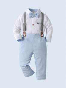 两件套男婴绅士套装 - 长袖白衬衫配领结和背带裤，时尚百搭，适合生日派对、婚礼、一周岁生日庆典等场合。 - 白色 - 查看 2