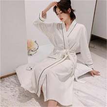 White Cotton Long Sleeve Bathrobe, Unisex, Plus Size, Suitable For Spring, Summer And Autumn - Multicolor - View 3
