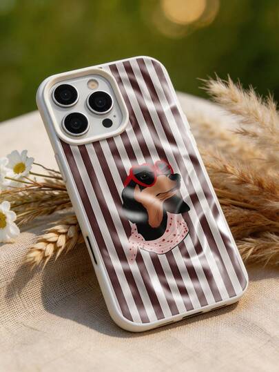 狗狗图案酷炫腊肠犬棕白条纹手机壳，水波纹纹理，卡通狗狗配心形眼镜，时尚百搭，兼容 17 Pro Max/17 Pro/16 Pro Max/16 Pro/16/15 Pro Max/15 Pro/15/14 Pro Max/14/13 Pro Max/13 Pro/13/12 Pro Max/12 Pro/12/11，防尘防水防震软壳