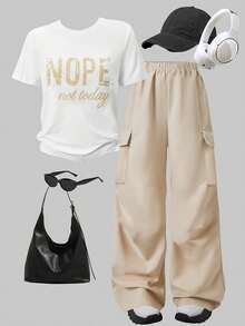 American Style Casual Fashion Girl Letter Graphic Round Neck Short Sleeve Loose Cargo Sports Pants Set, Suitable For Summer - Apricot - View 7