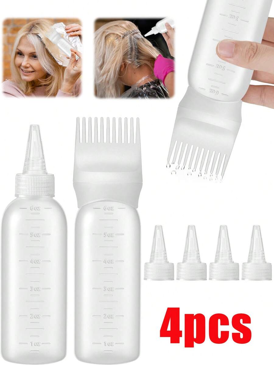 4件套带齿染发瓶，带刻度的护发油瓶刷，本地油梳瓶，沙龙级精细刻度染发瓶，美发配件辅助工具，染发辅助工具套装（4/2/1件） - 白色 - 查看 1