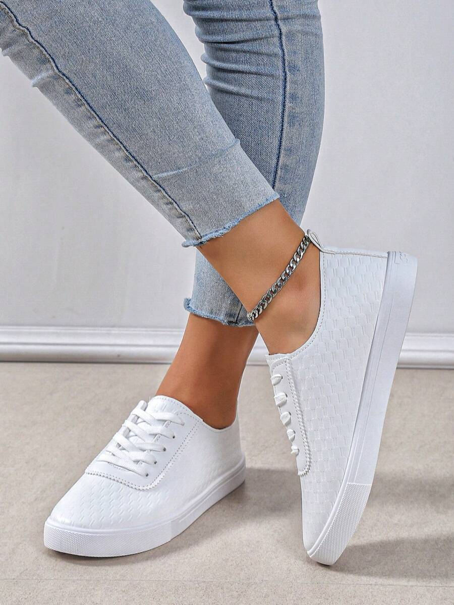 女士新款时尚圆头平底休闲运动鞋 - 白色 - 查看 1