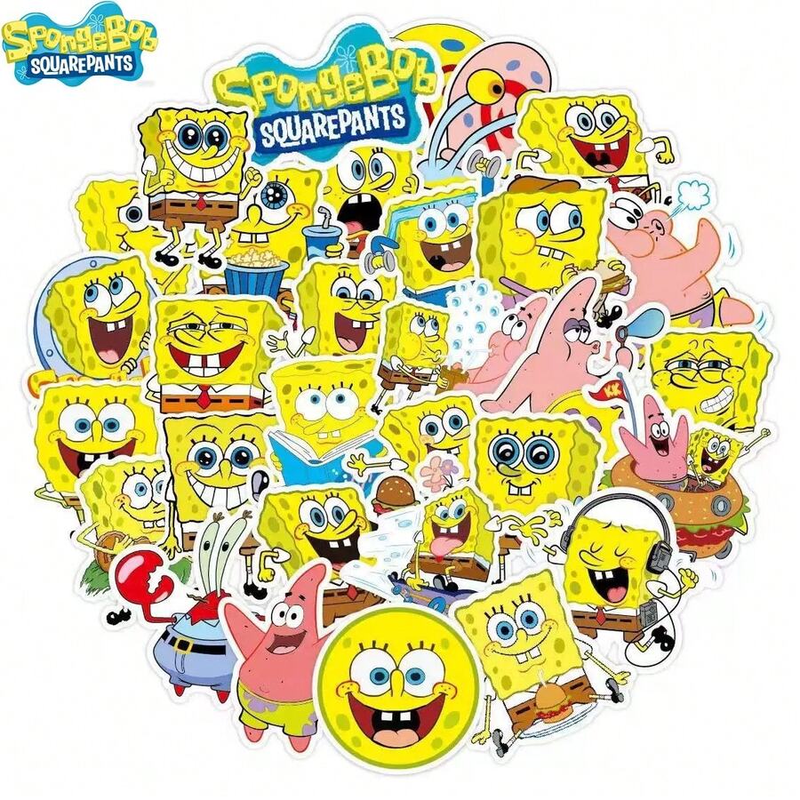 SpongeBob SquarePants 每套50张贴纸。可爱有趣的贴纸，适用于行李箱、水瓶、笔记本电脑、学习用品等，也可作为装饰贴纸使用。此外，它们还适用于智能手机、室内装饰、笔记本电脑、水瓶、保险杠、滑板、派对、派对礼品袋填充物、儿童趣味派对礼物以及各种场合的装饰贴纸。耐刮擦（部分款式随机发货）。