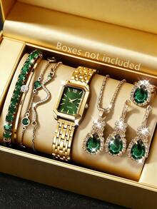 Bộ 1 món/5 món/9 món sang trọng màu xanh lá cây dành cho nữ: Đồng hồ thạch anh mặt chữ nhật thanh lịch, vòng tay pha lê kiểu dây rắn, dây chuyền và bông tai - Thích hợp để đeo hàng ngày hoặc làm quà tặng dịp lễ. - Vàng - Xem 9