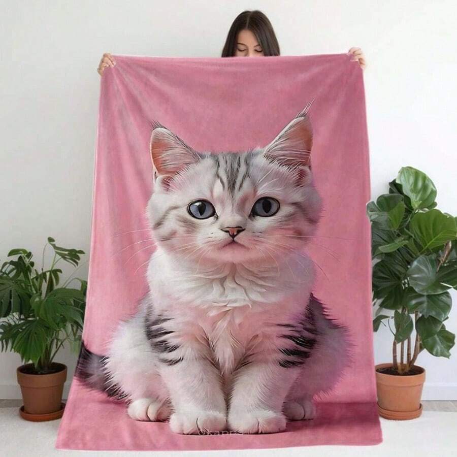 Charming Flannel Blanket Featuring A White And Gray Striped Cat Against A Pink Backdrop - Cozy And Warm, Perfect For Use On A Sofa, Bed, Or During Camping Trips, Machine Washable, A Great Gift For Home And Travel Throughout The Year - White - View 1