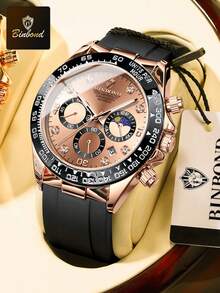 SANDA 男士石英表，硅胶表带，月相、日期、计时功能，防水，运动商务两相宜 - 黑色 - 查看 1