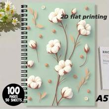 A5 Size Fresh Cotton Flower Spiral Coil Lined Notebook, Minimalist Elegant Cover, Delicate Strokes Outlining Cotton Flower Shape, Paired With Soft Elements, Showcasing Literary Elegance. Smooth Writing, Lined Interior Design, Suitable For Notes, Diaries, Planners And More, Adding A Refined Atmosphere To Your Writing, An Excellent Choice To Record Life And Inspiration. - Z - View 3