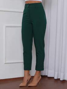 Women's Tailored Plain Trousers With Button - Maxma 6631 - 墨綠色 - 查看 3