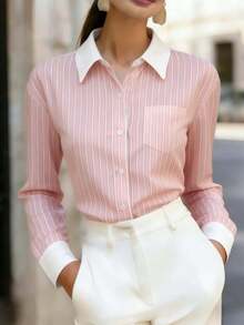 Women's Regular Length Pink Striped Polyester Shirt, Classic Button Front Design, Suitable For Spring, Summer And Autumn - Pink - View 4