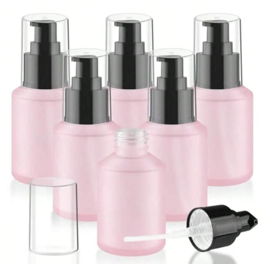 Wresty - 6 botellas vacías de vidrio con bomba rellenables para crema de loción botella de muestra de viaje dispensador de cosméticos recipientes para loción crema y emulsión rosa 60 ml/2 onzas - Rosado - Ver 1