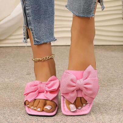 1 Paio di Sandali Slip-On con Punta Quadrata e Decorazione a Fiocco 3D, Stile Dolce per Uso Quotidiano, Primavera & Estate