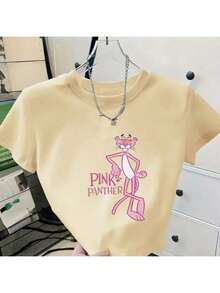 Women's Short-Sleeve Cropped T-Shirt With Panther Print - Top For All Seasons - New Arrival - Màu be - Xem 1