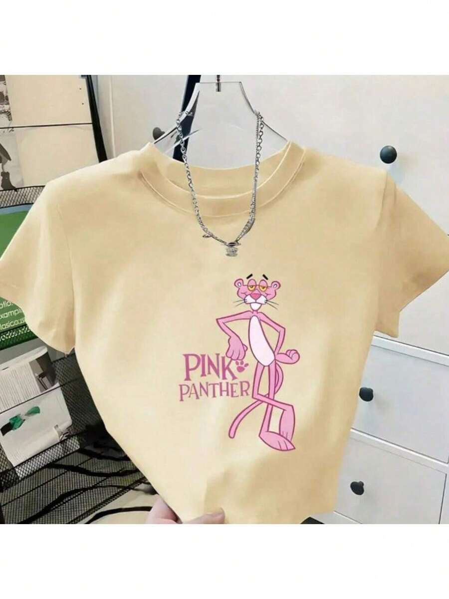 Women's Short-Sleeve Cropped T-Shirt With Panther Print - Top For All Seasons - New Arrival - Màu be - Xem 1