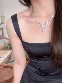 Bộ trang sức cưới đính đá Cubic Zirconia hình giọt nước thủ công hoàn toàn, gồm dây chuyền mặt lá và bông tai, phụ kiện thời trang dự tiệc. - Bạc - Xem 5