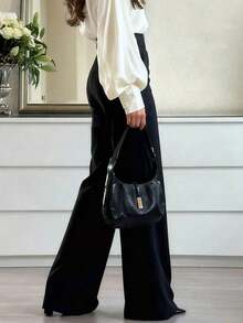 New Women's Commuter Casual Versatile Solid Color Elegant High Waist Wide Leg Pants, Daily Wear Black Spring - 黑色 - 查看 3