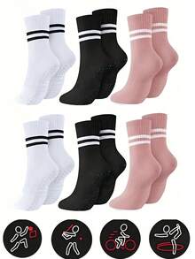 3 Pairs Unisex Sports & Yoga Mid-Calf Socks, Random Colors, Pilates Socks With Grip For Women, Non-Slip Socks Suitable For Barre, Hospital, Exercise, Slippers - Multicolor - View 8