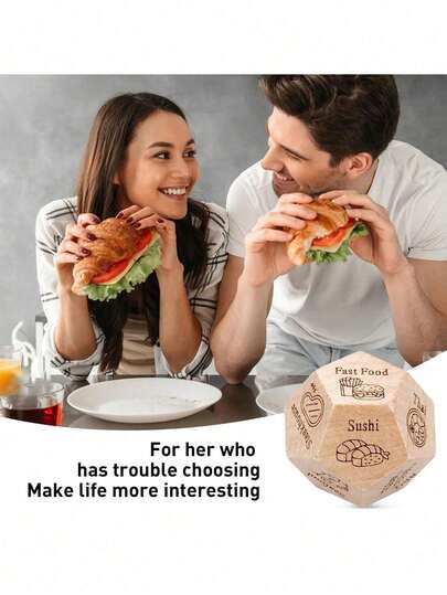 1pc 12-Sided Wooden Food Decision Dice, Laser Engraved, Durable Wooden Material, Solving Indecision For Couples, Friends Gathering, Housewarming, Ideal Gift For Christmas, Birthday, Anniversary