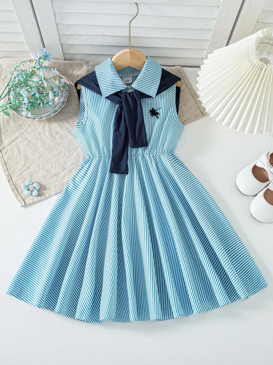 Đầm bé gái kiểu Hàn Quốc cổ bẻ kẻ sọc, đầm chữ A không tay eo thấp mùa hè, đầm đi học sành điệu cho trẻ em, khăn choàng xanh. - Màu xanh nhạt - Xem 1