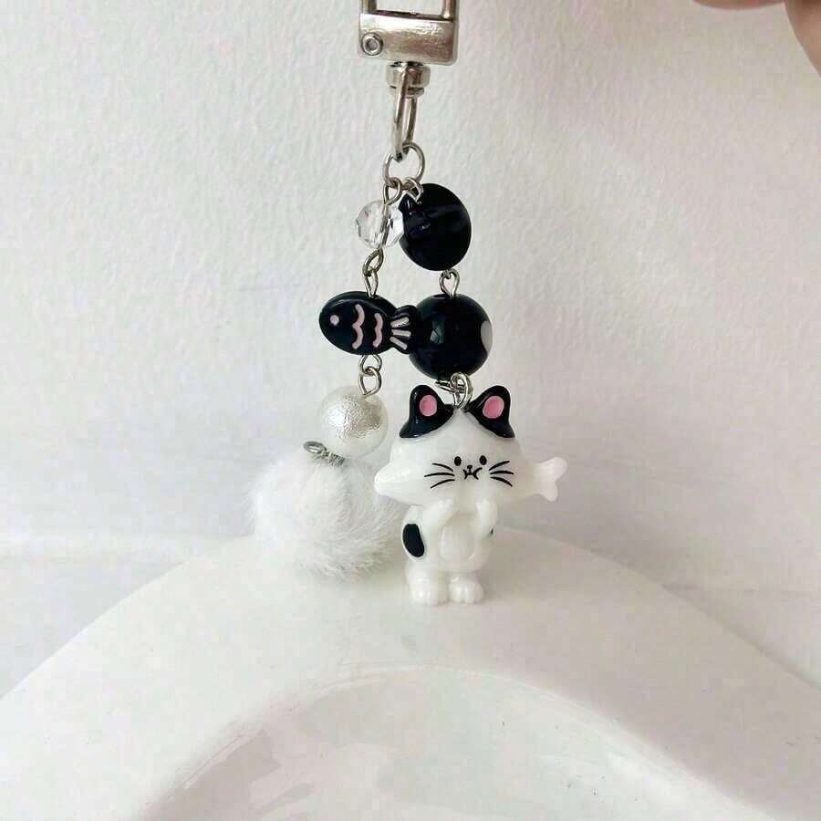 New Women Cute Cartoon Cat Keychain Heart Plush Ball Star Beaded Accessory Phone Strap Bag Charm Gift Backpack Decor Car Accessories For Best FriendValentine's Day Gift For Her SSYQValentine's Day Gift For Her - 黑色 - 查看 1