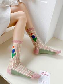 1 đôi tất nữ, tất lụa mỏng thoáng khí họa tiết hoa, phong cách tiệc vườn ngọt ngào, thẩm mỹ sinh viên. - Màu Hồng baby - Xem 6
