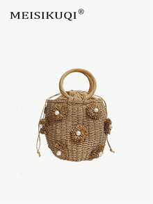 2026新款波西米亚珍珠花朵编织水桶包，手工藤编抽绳手提包，夏季海滩度假斜挎包，独特设计通勤包，百搭女士编织手提包 - 卡其色 - 查看 2