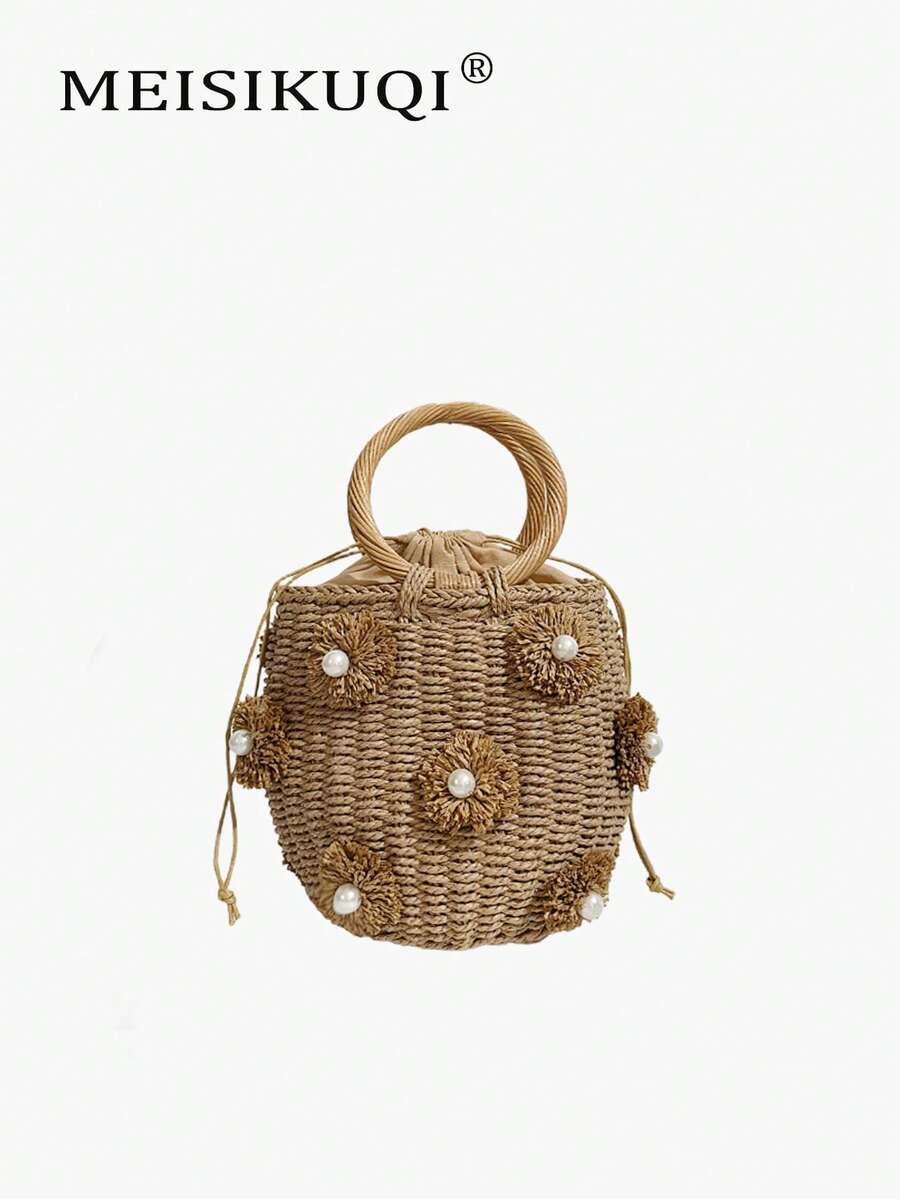 2026新款波西米亚珍珠花朵编织水桶包，手工藤编抽绳手提包，夏季海滩度假斜挎包，独特设计通勤包，百搭女士编织手提包