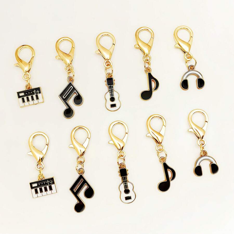 10pcs Music Note & Guitar Zinc Alloy Enamel Pendant, Lobster Clasp Keychain Charm, Mini Artistic Emotional Hanging Decor, Creative Small Gift Pendant Gifts For Mother, Father, Graduation, And Teacher - 10 - View 1