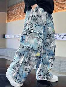 Men's Fashion Street Punk Style Camouflage Print Sweatpants, A Must-Have Item , Personalized Loose Street Fashion Wide Leg Pants, Fall - 淺藍色 - 查看 4